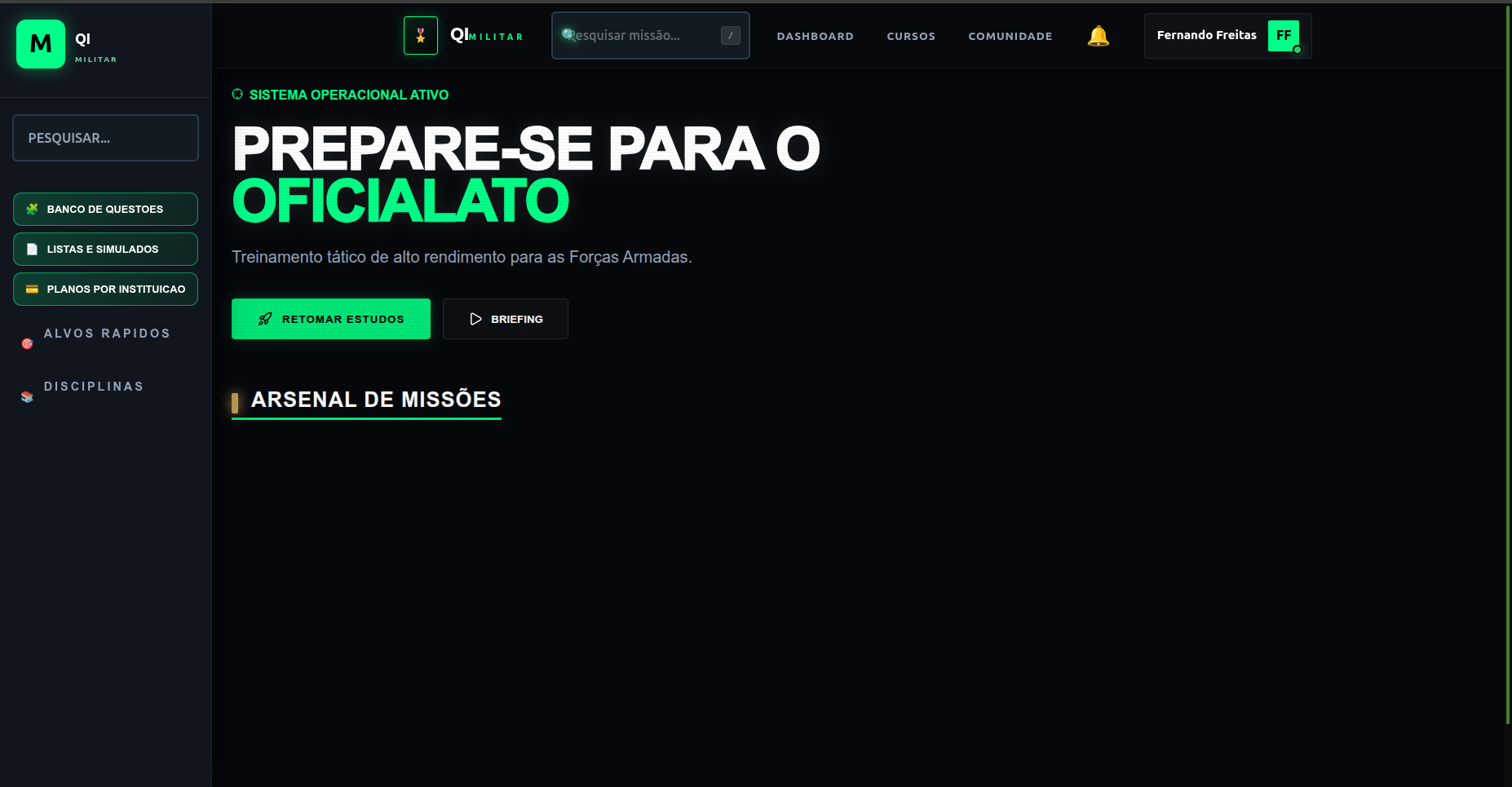 Dashboard da plataforma educacional Qi Militar